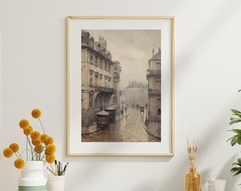Vintage Parijs straatbeeld kunstafdruk | Regenachtige dag Parijs stadsgezicht | Romantische Franse muurkunst | Vintage Europees decor | Klassieke Street View P