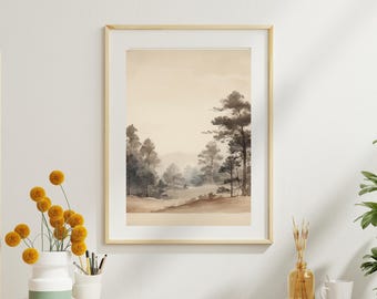 Misty Forest Watercolor Art Print | Woodland Nature Wall Art | Tranquil Landscape Painting