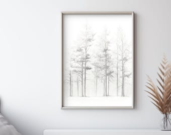 Minimalistischer Wald Bleistift Skizze Kunstdruck | Schwarzweiße Baumlinie Wandkunst | Skandinavische Natur Dekor | Monochrome Waldzeichnung Druck