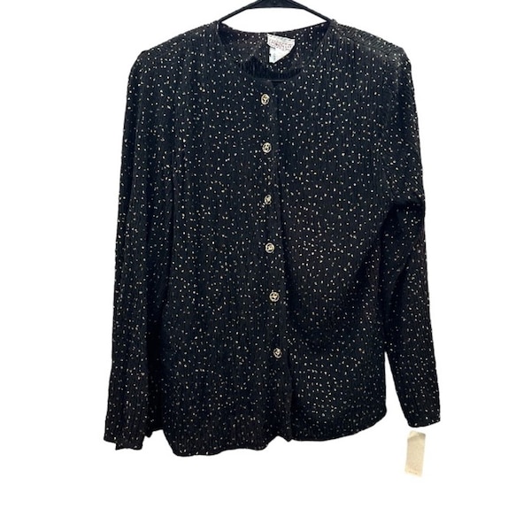 Vintage Sears Lauren Lee Black & Gold Dot Print Button Long Sleeve Top Size M