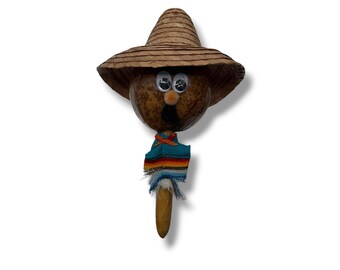 Vintage Mexican Gourd Maraca Hand Painted Sombrero Man Folk Art Musical Decor