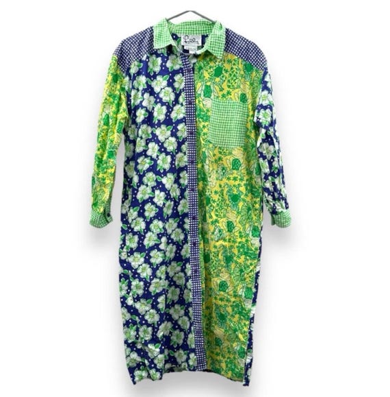 blue and green lilly pulitzer dress Patchwork Shirt Dress, Coastal Style (Size M) Midi dress