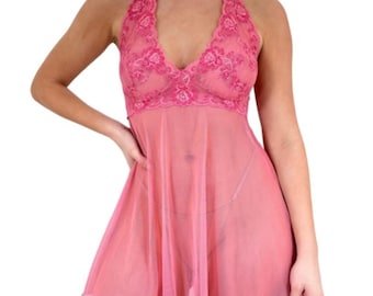Vestido lencero de encaje rosa bordado de Victoria's Secret, estilo babydoll Y2K, talla grande.