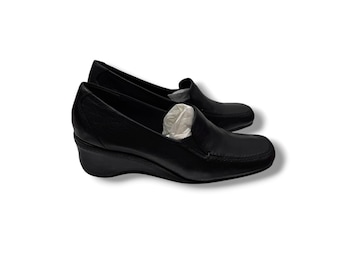Mocasines vintage Liz Claiborne de cuero negro con cuña, talla 7.5, punta cuadrada, cómodos, estilo Y2K, NUEVOS