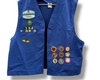 Vintage Girl Scouts USA Vest Blue XXL Patch Uniform Chicago Troop 164 Badges