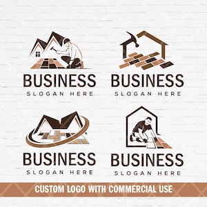May include: Four logo designs for a home improvement business. Each logo features a house, a worker, and a hammer. The logos are in brown and white.