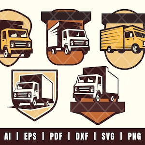 Collectie logo-ontwerpsjablonen voor vrachtauto&#39;s: bundelbestanden voor expeditie, verzending of verhuisbedrijf