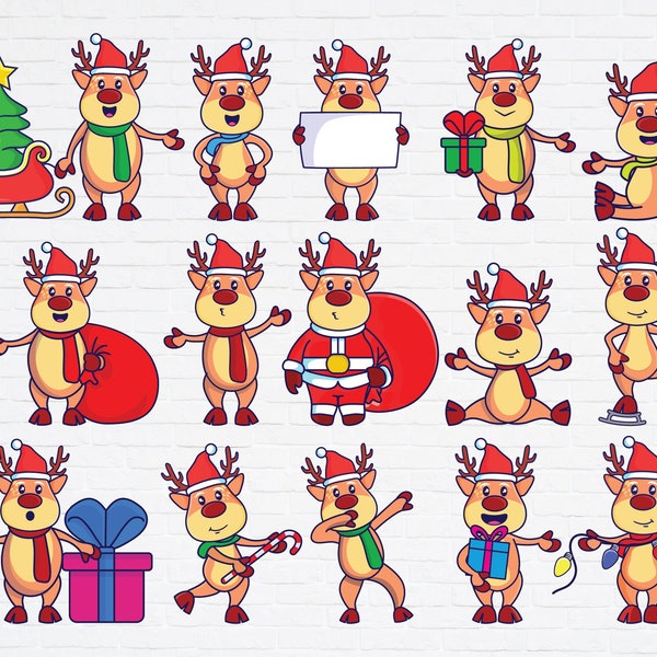 15 Cute Christmas Reindeer SVG PNG Bundle, Chibi Kawaii Reindeer Clipart for Instant Download