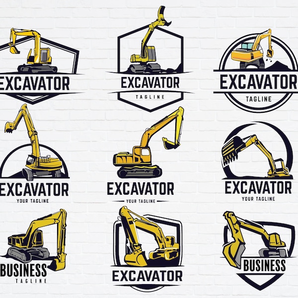 9 Set Excavator Logo PNG SVG Bundle. Construction Vehicle, Builder, Bulldozer Retro Logo Badge Emblem
