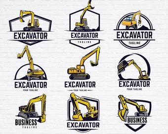 May include: Nine different logo designs featuring a yellow excavator with black outlines. The logos are set against a white brick background. The logos feature different styles and layouts, including a shield, a circle, and a half-circle. Some logos include the text "Excavator" and "Your Tagline".