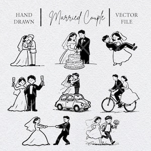 May include: Hand-drawn black and white illustrations of a married couple in various poses. The image includes couples kissing, cutting a cake, being carried, toasting, riding in a car, riding a bicycle, and running. Text reads "Hand Drawn", "Married Couple", and "Vector File".
