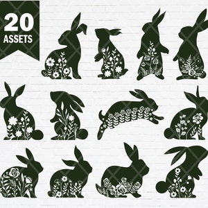 Floral lapin de Pâques SVG PNG Bundle, Mignon Silhouette de lapin, Silhouette de lapin de Pâques, Lapin de fleur Pâques, Fichiers de lapin pour Cricut