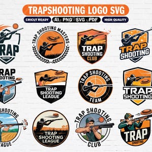 May include: A selection of trap shooting logo designs in various shapes, including shields and circles. The logos feature silhouettes of people shooting shotguns at clay targets, with text that reads "TRAP SHOOTING" and other related terms. The logos are in orange, black, and white.