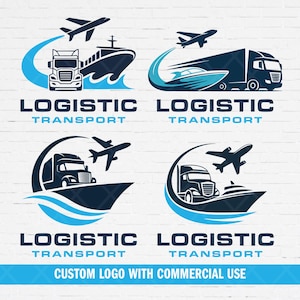 Op de afbeelding: Logos voor logistiek en transport met een vrachtwagen, schip, vliegtuig en speedboot. De logo's zijn in blauw- en zwarttinten, met de woorden "LOGISTIC TRANSPORT" en "CUSTOM LOGO WITH COMMERCIAL USE".