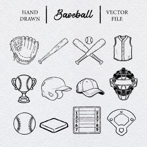 May include: Hand-drawn baseball vector file with various elements. Includes a baseball glove, bat, crossed bats with a ball, vest, trophy, helmet, cap, catcher's mask, baseball, base, scoreboard, and a baseball field outline.
