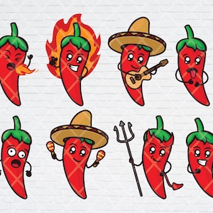 8 süße Chili Peppers Emoji Bundle: SVG-Dateien von lustigem Chili mit einem lustigen Gesicht.