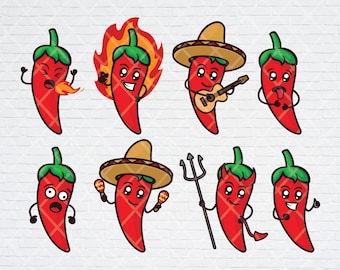 8 Cute Chili Pepper Emoji Bundle: SVG Files of funny hot chili with Mexican sombrero, pitchfork, and burning hot.