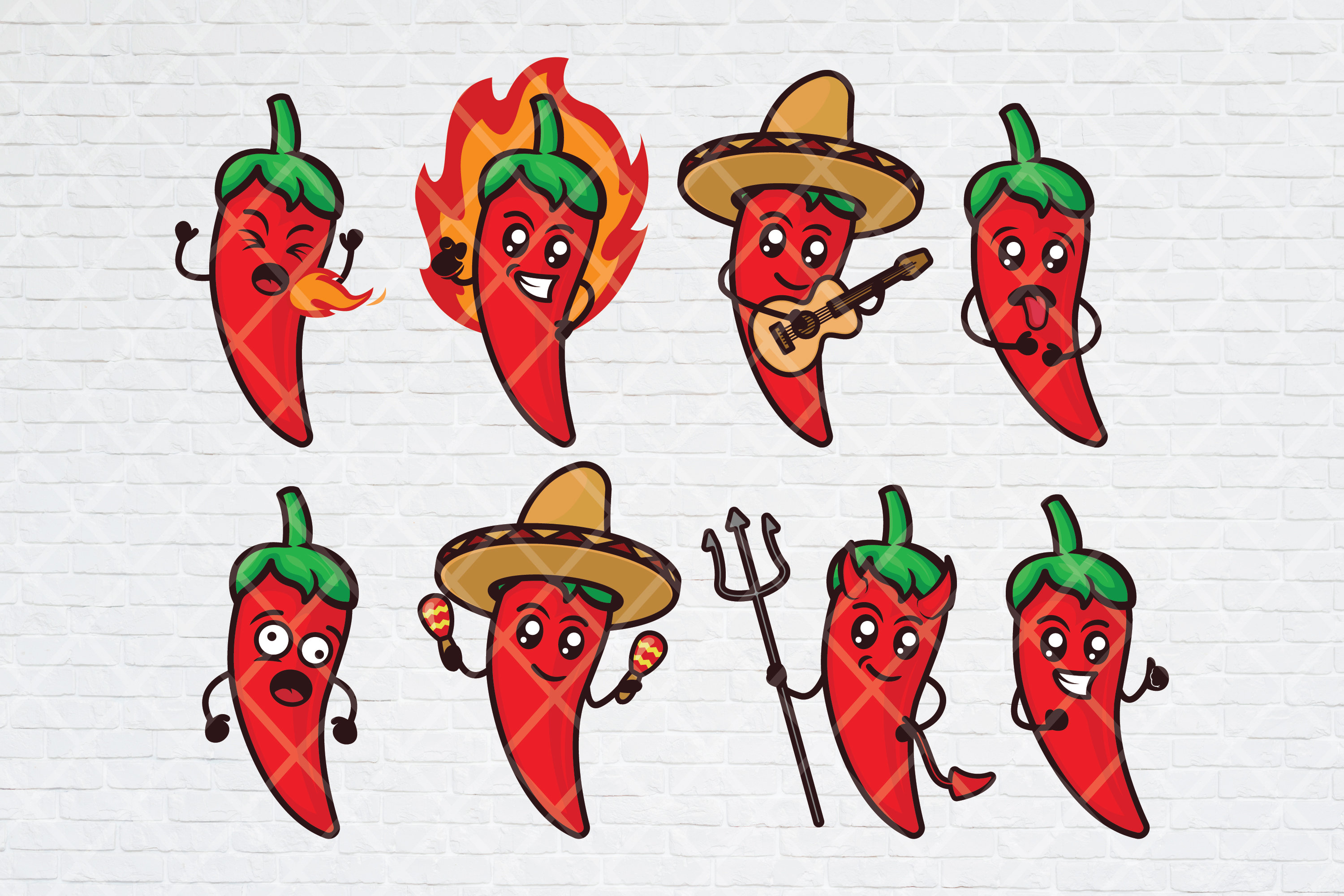 8 Cute Chili Pepper Emoji Bundle: SVG Files of Funny Hot Chili With