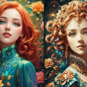 May include: Two women with long, curly hair and green eyes are wearing ornate, jewel-toned clothing. They are surrounded by flowers and a starry background.