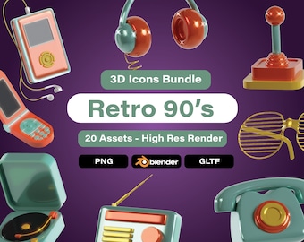 Set of Retro 90s clipart element, Groovy retro 3d icons, 80s clipart png, Retro game png bundle, Commercial Use license