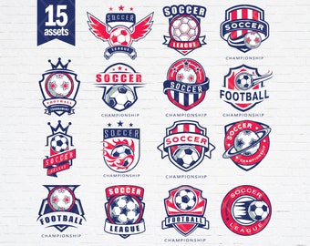 May include: Fifteen soccer and football logo designs in red, white, and blue. The logos feature stars, crowns, and soccer balls.