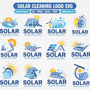 Puede incluir: Doce diseños de logo diferentes para un servicio de limpieza de paneles solares. Cada logo presenta un panel solar azul con un sol amarillo y una escobilla de limpieza. El texto "SOLAR CLEAR SOLUTION" está debajo de cada logo.