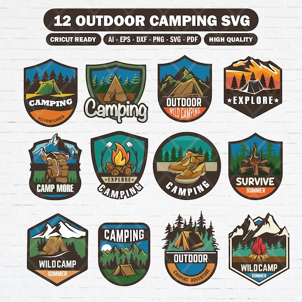 Set of outdoor camping sticker badge svg, Camping adventure clipart, Campsite illustration for instant download, Hiking camping planner.