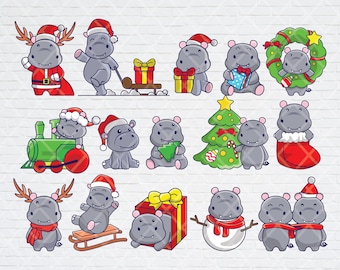 Cute Hippo Hippopotamus Christmas SVG PNG Bundle: Chibi Hippo with Santa Claus Costume and Gifts.