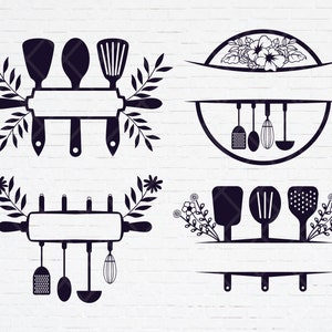 Set of kitchen utensils svg, Split frame kitchen utensils, kitchen tools svg, Baking split frame svg, Floral kitchen svg for cut files