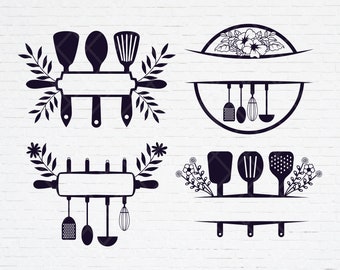 Set of kitchen utensils svg, Split frame kitchen utensils, kitchen tools svg, Baking split frame svg, Floral kitchen svg for cut files