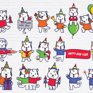かわいい猫の新年パーティー SVG PNG バンドルのセット、Cricut 用のかわいいちび猫の Vestige テーマ クリップアート