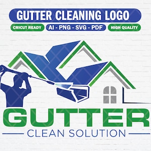 Puede incluir: Un logotipo verde y azul para un servicio de limpieza de canaletas. El logotipo presenta una silueta de una persona limpiando canaletas con una hidrolavadora, dos casas y el texto "GUTTER - CLEAN SOLUTION".