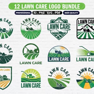May include: A set of 12 lawn care logo designs in green and white. Each logo features a lawnmower, with variations including sun, house, and field elements. Text includes "Lawn Care" and "12 Lawn Care Logo Bundle".