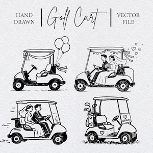 Puede incluir: Ilustraciones en blanco y negro de carritos de golf, algunos decorados para bodas. Uno tiene globos, otro una novia y un novio y otro palos de golf. El texto dice "Hand Drawn | Golf Cart | Vector File."