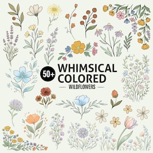 Könnte beinhalten: Eine Sammlung von skurrilen, farbigen Wildblumenillustrationen. Das Bild zeigt verschiedene florale Designs in Gelb-, Orange-, Blau- und Lilatönen mit dem Text "50+ WHIMSICAL COLORED WILDFLOWERS".