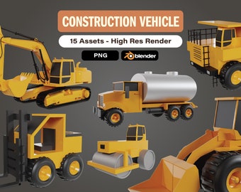 Set of 15 construction vehicle clipart, mining vehicle PNG files, 3d digital download for Wall Art, Tumbler wraps, Prints, Shirt, mugs, more