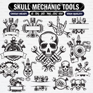 15 US Skull Mechanic Svg Collection, Mechanic Tools Logo Svg , Repair Tools SVG, Garage Logo Svg, Car Repair Clipart Files for Cricut.