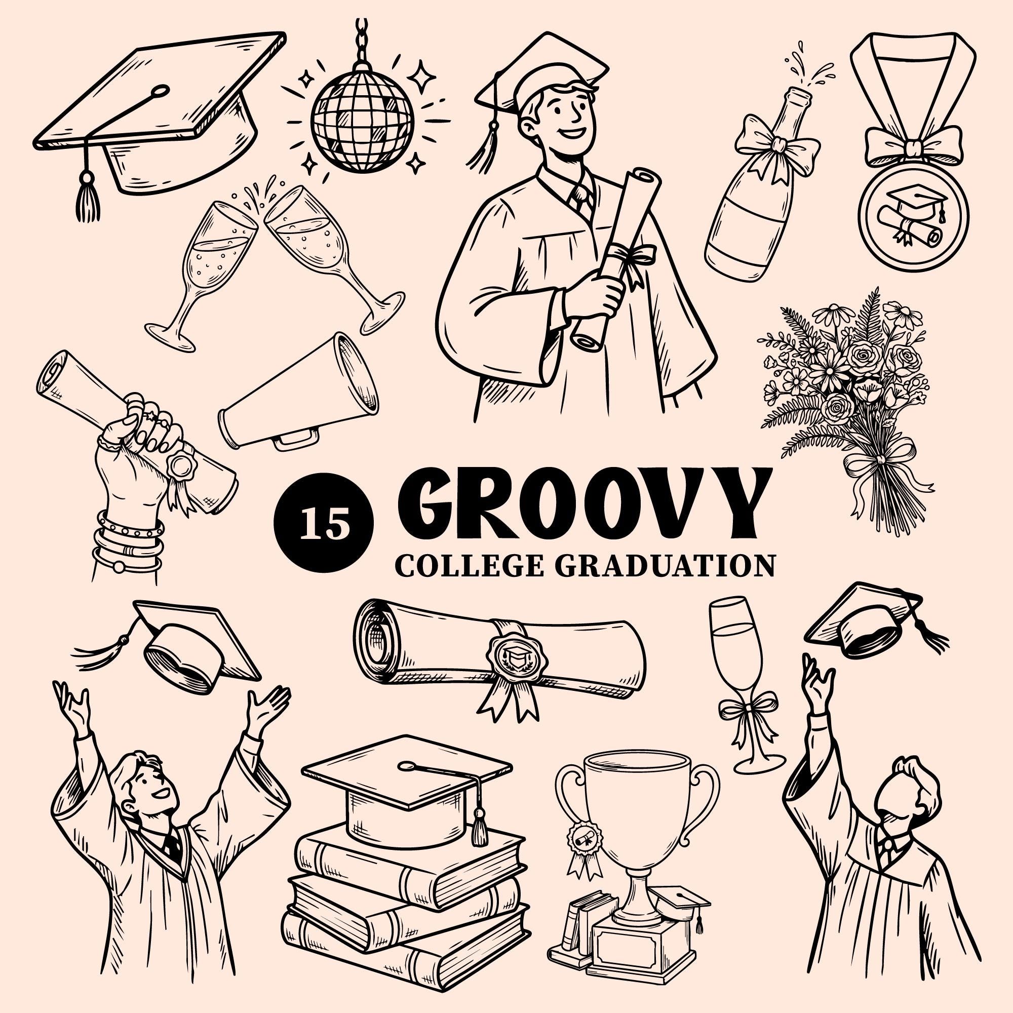 Groovy Graduation SVG Bundle, Hand Drawn Graduation Clipart Doodle for ...