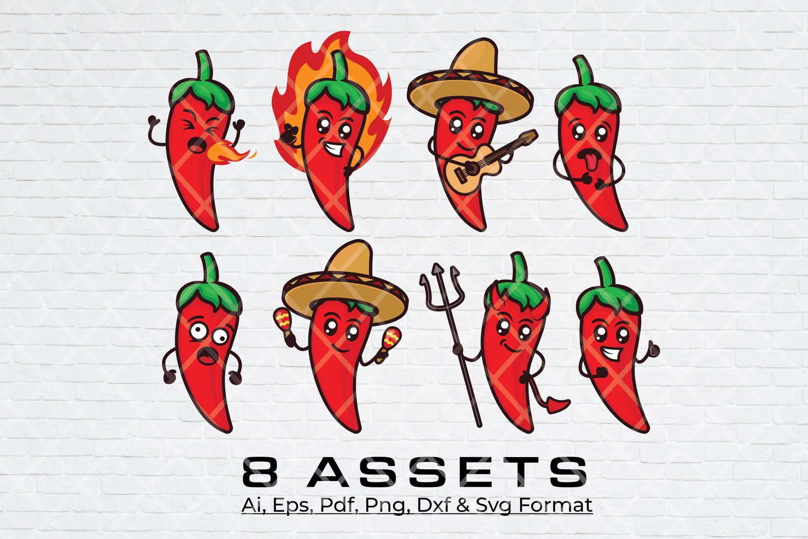 8 Cute Chili Pepper Emoji Bundle SVG Files of Funny Hot Chili With