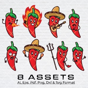May include: Eight cartoon chili peppers with different expressions and accessories. The chili peppers are red with green tops and are wearing hats, playing musical instruments, and holding a pitchfork.