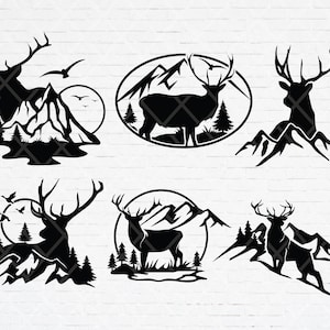 Deer mountain silhouette, deer logo, forest mountain logo, deer hunting logo, hunting season shirt, hunting emblem SVG PNG Bundle