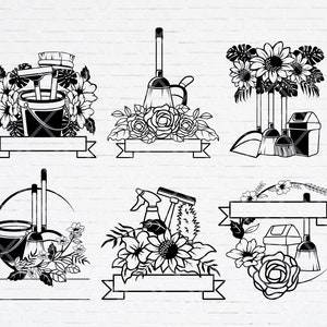 Blumen Reinigung svg, Maid Clipart svg, Haus Reinigung svg, Reinigung Werkzeuge mit Blume Clipart. SVG PNG Bundle für geschnittene Dateien.