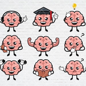 Mignonne collection de mascottes de cerveau Chibi: fichiers SVG Bundle de 9 modèles de conception de mascotte de cerveau amusant