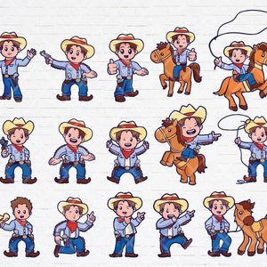 Cute Cowboy Kids SVG PNG Bundle, Set of 15 Kawaii Chibi Cowboy Cut Files Clipart, Western Kids SVG Bundle for Instant Download