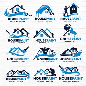 Puede incluir: Una colección de doce logotipos de empresas de pintura de casas en azul y azul marino oscuro con varias ilustraciones de casas, pinceles, rodillos, cubos de pintura y pintores, cada uno con el texto HOUSEPAINT y COMPANY SLOGAN debajo.