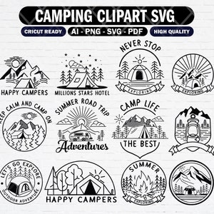 Pacote de logotipo de arte de linha de acampamento, Camping Life Svg, Pacote Camp SVG, Camper Van Svg, clipart de fogueira, arquivos de acampamento para cricut, cotação ao ar livre.
