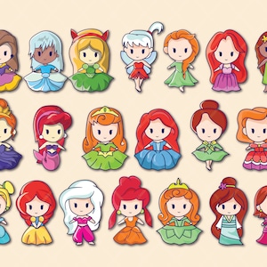 20 Cute Chibi Princesses Clipart Cartoon Collection: Files Bundle with ai, eps, dxf, pdf, png, svg for Instant Download
