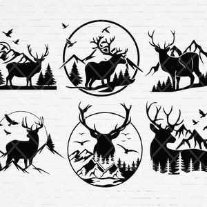 Silueta de montaña de ciervos, logotipo de ciervos, logotipo de montaña del bosque, logotipo de caza de ciervos, camisa de temporada de caza, emblema de caza SVG PNG Bundle