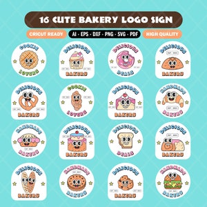 Set of retro bakery shop sign template design. Cute bakery mascot sign clipart, Hippie bakery SVG PNG. Premade logo for instant download