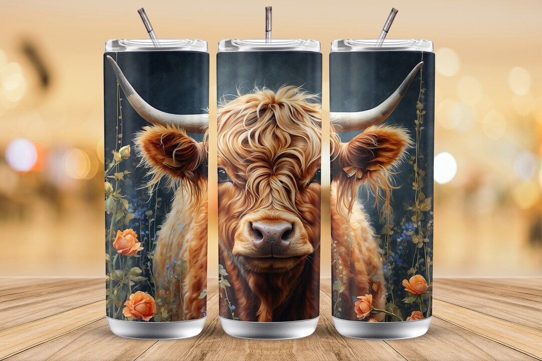 Highland Cow Flowers Background 20 Oz Tumbler Wrap PNG Pattern. Cute ...